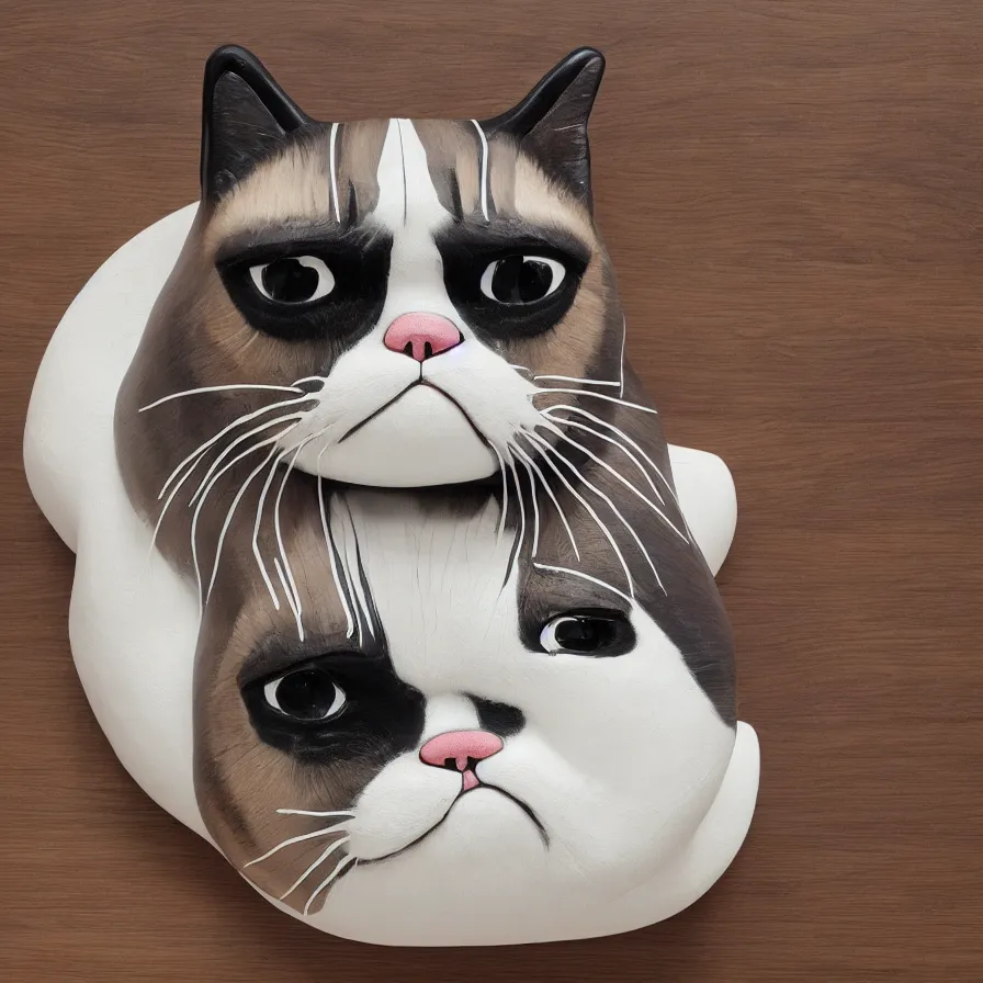 Prompt: beautiful gallery show studio photograph of a giant realistic curvy ceramic sculpture of grumpy cat!!!!!, heavily glazed by bridget riley and victor vasarely, placed on a polished wooden table, colorful hyperrealism 8 k trending on artstation