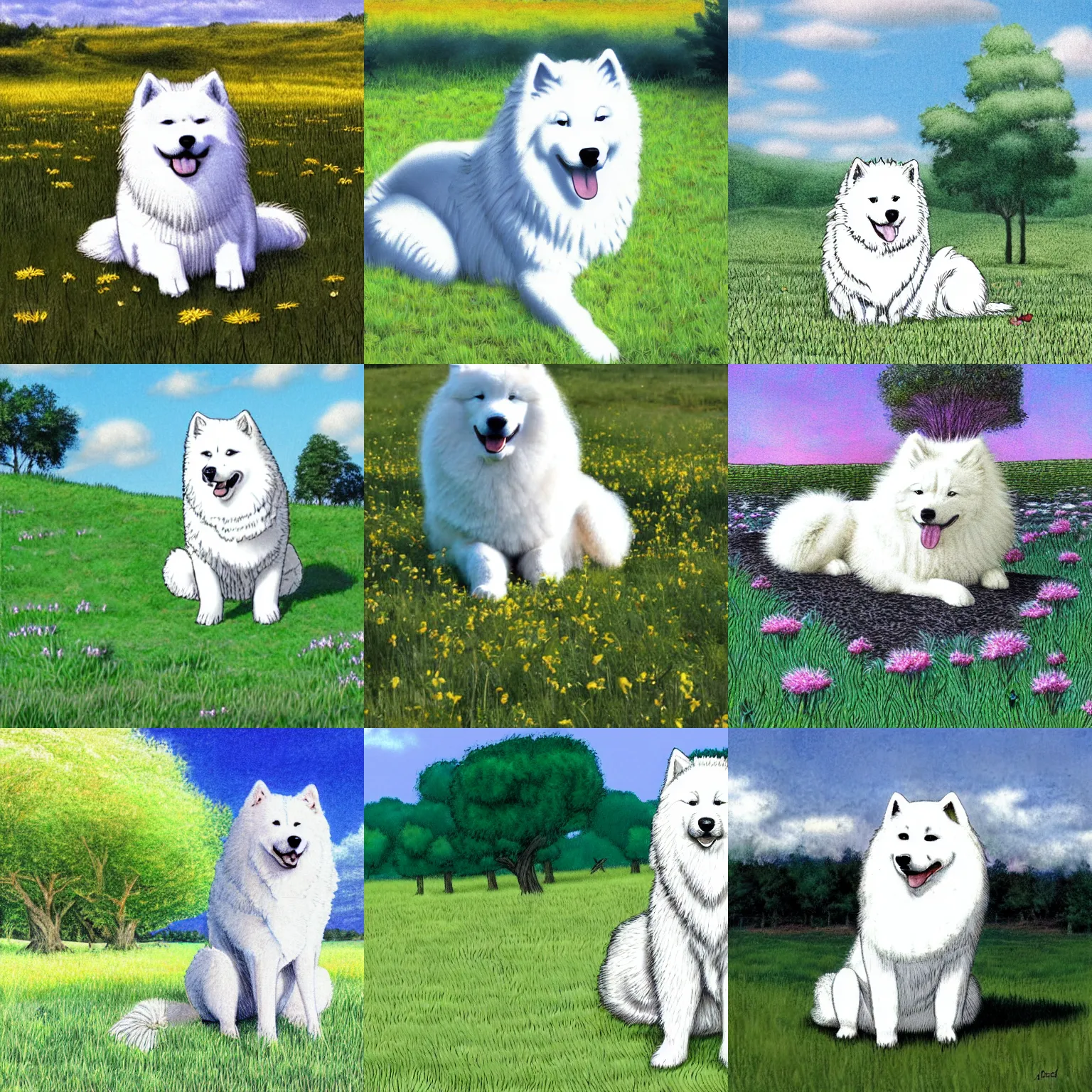 Prompt: a samoyed dog sitting in the middle of sunny meadow, colored, by Kentaro Miura