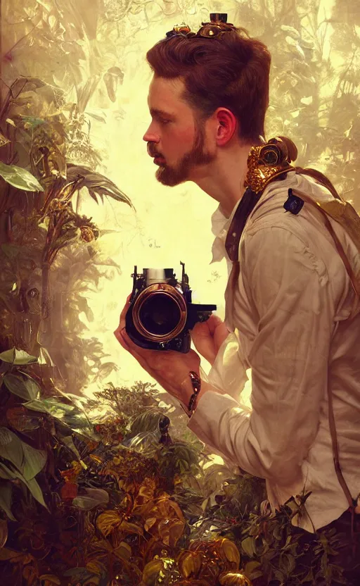 Image similar to hyper realistic male photographer looking through a vintage steampunk medium format camera, design on white background, beautiful details, lush foliage cyberpunk, gold, drawn by john singer sargent, tom bagshaw, norman rockwell, alphonso mucha, lolish, trending on artstation