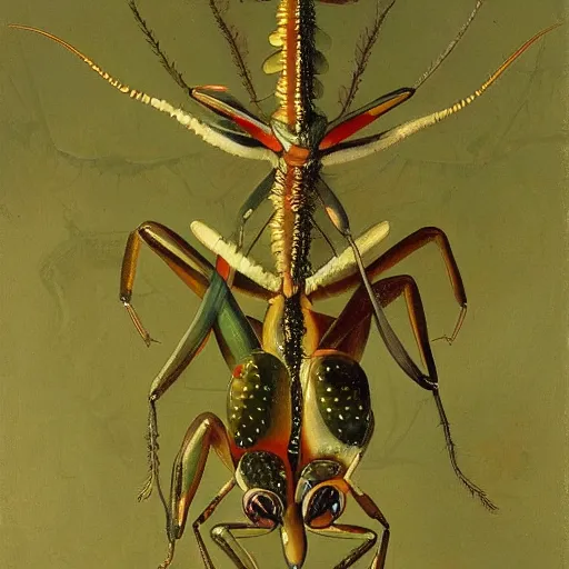 Prompt: Award-winning painting of the mantis Idolomantis diabolica hanging from a branch, by Jan van Kessel