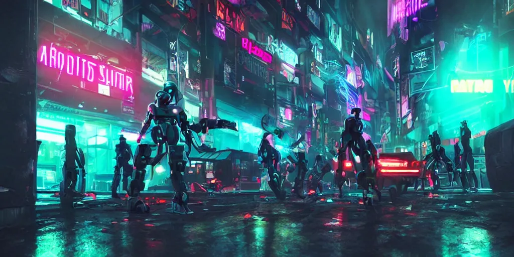 Image similar to robots battle royale cyberpunk blade runner neon night