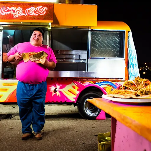 Prompt: obese mexican man showing off tacos de birria next to a food truck in the night, amateur photography with flash,