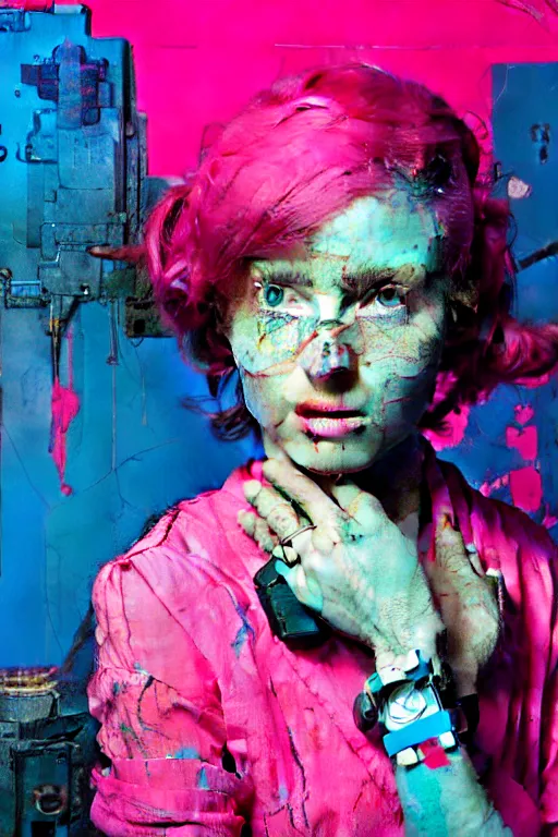 Prompt: portrait of a beautiful postacoliptic girl that has lived trough war and has seen death, in the colors hot pink and cyan, beautiful face, rule of thirds, complex outfit, with gadgets and guns build from scrap and junk metal, spotlight, by greg rutkowski, by jeremy mann, by francoise nielly, by van gogh, digital painting