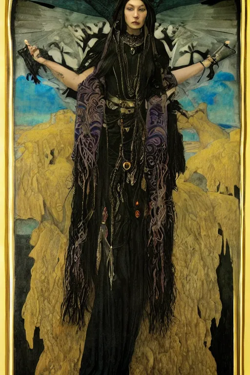 Image similar to a goth shaman with the head of a raven, by Annie Swynnerton and Nicholas Roerich and John Bauer and jean delville and John William Godward and Donato Giancola and Vermeer, black leather and embroidered velvet, iridescent beetles, rich color, dramatic cinematic lighting, featured on Artstation, extremely detailed