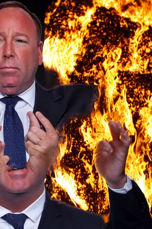 Image similar to Alex Jones burning a giant pile of 45 million dollars. Photo realistic. Award winning