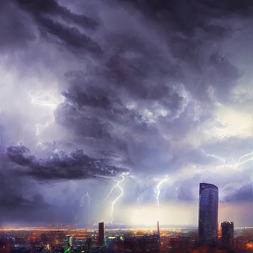 Prompt: “ Calgary in the midst of a thunderstorm by Raymond Swanland”