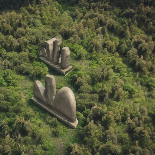 Prompt: a series of gigantic weird concrete human body parts, integrated in the mountains, surrounded by vegetation, perspective shot from the sky, realistic, by origiful, 4 k