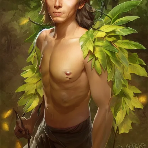 Image similar to sam riegel as a dryad, his skin are yellow leaves portrait, highly detailed, headshot, digital painting, trending on artstation, concept art, sharp focus, illustration, art by artgerm and greg rutkowski and magali villeneuve