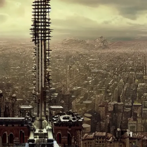 Image similar to Beautiful cinematic scene of a gigantic tower watching over a city, on top of a mountain, epic, megalophobia, cinematic lighting, insanely detailed, directed by Denis Villeneuve and Wes Anderson, filmic