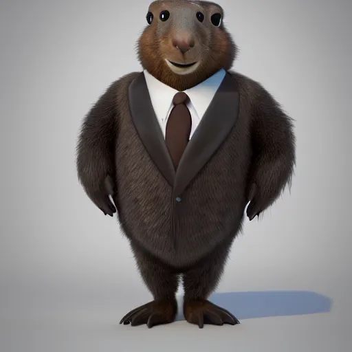 Image similar to brown marmot in a tuxedo while holding a pencil looks to the camera, pixar character, digital art, 3 d rendered in octane, blender, maya, shadows, lighting, cute