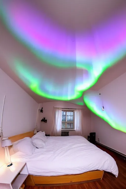 Image similar to polar lights auroras inside a bedroom, wide angle, cinematic light