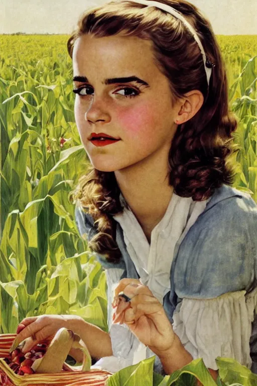 Prompt: photo photorealistic portrait photograph Emma Watson picnic in a corn field 1950s portrait by Norman Rockwell