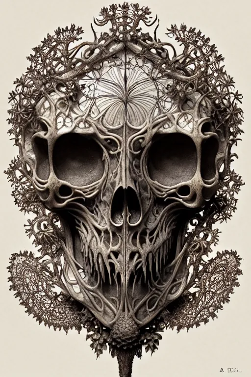 Image similar to art forms of nature by ernst haeckel, memento mori by arthur rackham, ornate antique porcelain beautiful skull mask, ultrasharp, photorealistic, hyperdetailed, octane render, polished, art nouveau, neo - gothic, gothic, intricate ornamental organic filigree, art nouveau botanicals, art forms of nature by ernst haeckel, horizontal symmetry, symbolist, visionary