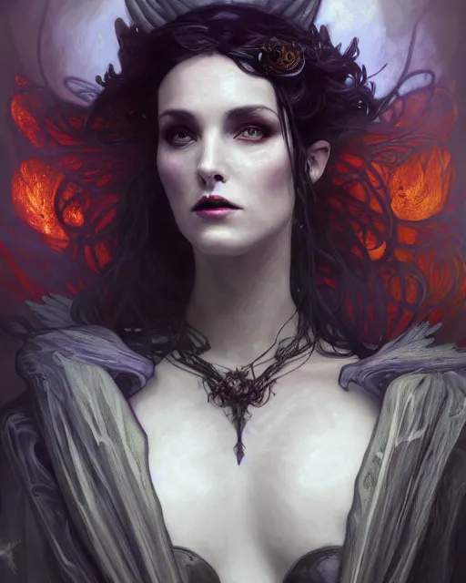 Image similar to wlop, bastien lecouffe deharme, alfons mucha, detailed portrait digital painting of a beautiful serious villainess wearing fantasy clothing like liliana vess, villainess has black angel wings, evil mood, hellish battlefield in the background, embers flying, unreal engine, hyper realism, realistic shading, cinematic composition, blender render, ultrawide shot