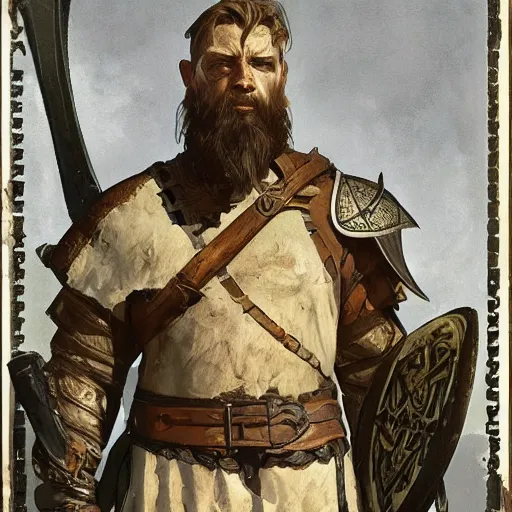 Image similar to rough-skinned, short-bearded undead Viking warrior with ice-pale skin wearing brutalist plate armor with art deco knotwork, by Greg Rutkowski, Brom, and Alphonse Mucha