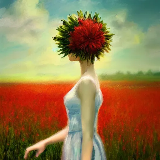 Image similar to woman standing in field, mattepainting, artstation, impressionism, flower head