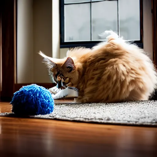 Image similar to cream color maine coon cat chasing a cat-toy-ball in a sunlit bedroom, hardwood floors with a colorful tattered old throw rug, bay window sofa in the background, fun, energetic, amusing, cute, funny, in style of Steve Henderrson
