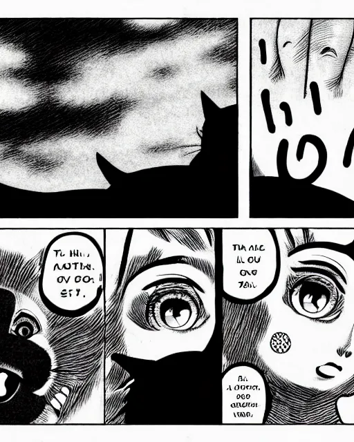 Prompt: three panels from junji ito's 'story of a black cat', full width, action shot, first person, manga
