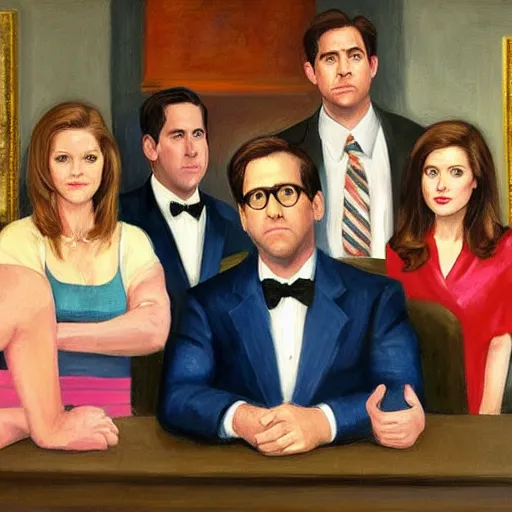 Image similar to the cast of the office, steve carell, jenna fischer, john krasinski, rainn wilson, portrait painting by edward hopper