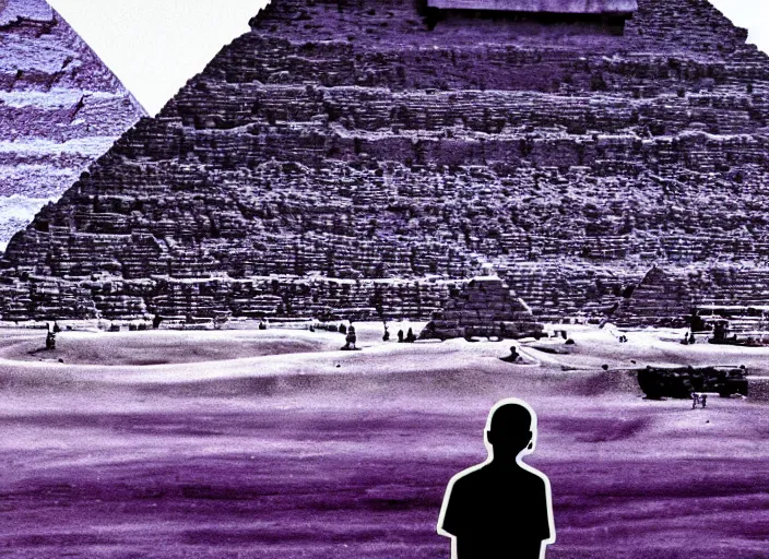 Image similar to landscape, steve jobs and a boy with purple hair in front of the pyramids, hyperrealism, intricate, 8 k, high detail