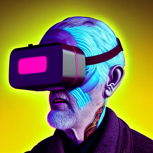 Prompt: Colour Photography of 1000 years old man with highly detailed 1000 years old face wearing higly detailed cyberpunk VR Headset designed by Josan Gonzalez . in style of Josan Gonzalez and Johannes Vermeer and Mike Winkelmann. Rendered in Blender