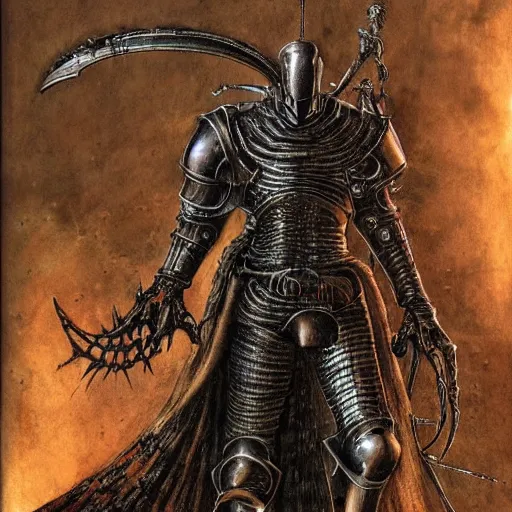 Image similar to a medieval styled cyborg armor, by hr giger, kentaro miura, wayne barlowe, bloodborne, dark souls, breathtaking, sense of awe