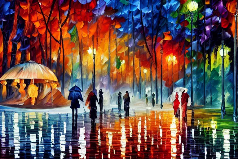 Image similar to a painting of a park at night by leonid afremov and william degouve de nuncques, rain puddles, a glitched dystopian city in the background, in foreground two plague doctors, subdued colors