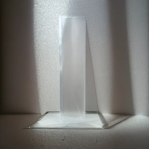 Image similar to an ultra high definition professional studio quality photograph of a transparent iridescent perspex pastel coloured sculpture in an empty white room. dramatic lighting, ray tracing, refraction, shallow d. o. f, colour corrected, golden ratio, three point light. volumetric shadows. god rays.