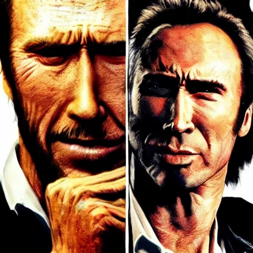 Prompt: Clint Eastwood fighting Nicolas Cage, deathmatch. Realism