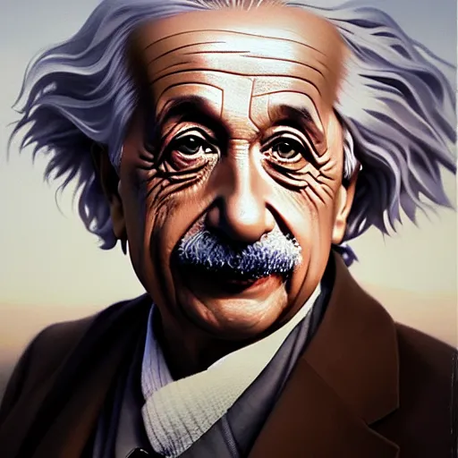 Image similar to albert einstein closeup portrait, dramatic light, lake background, 2 0 0 mm focal length, painted by stanley lau, painted by greg rutkowski, painted by stanley artgerm, digital art, trending on artstation