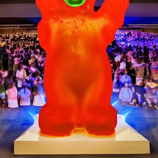 Prompt: stunning image of a giant gummy bear on a pedestal, many people worshipping.