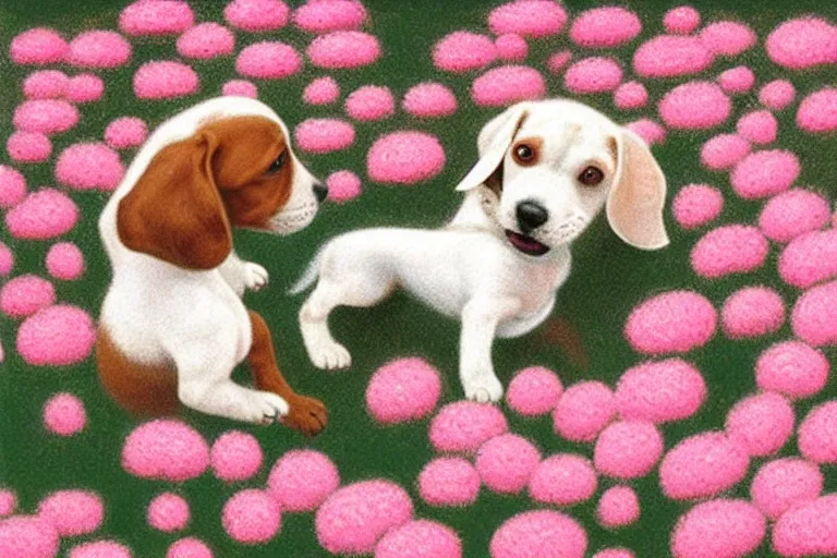 Image similar to white and brown beagle dog playing in a full of pink flowers, by Quint Buchholz, pastel colors