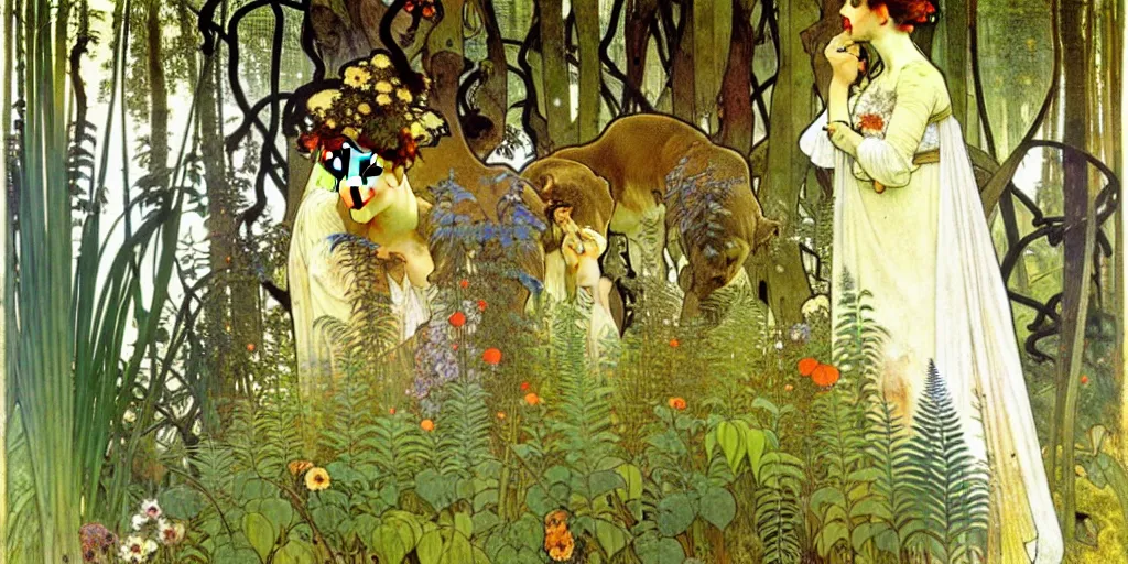 Image similar to a beautiful painting of wild animals in the woods with vines and ferns and flowers, painted by carl larsson and alphonse mucha