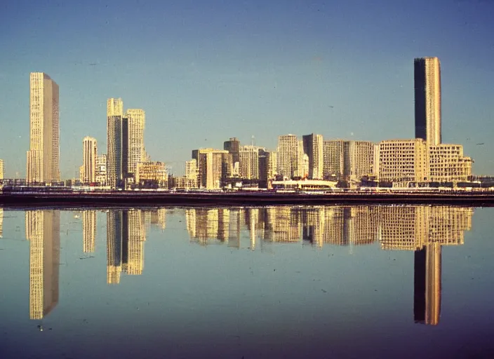 Prompt: retro color photo of a city skyline in the 8 0's. reflections in the water. boats and plain. gradient sky