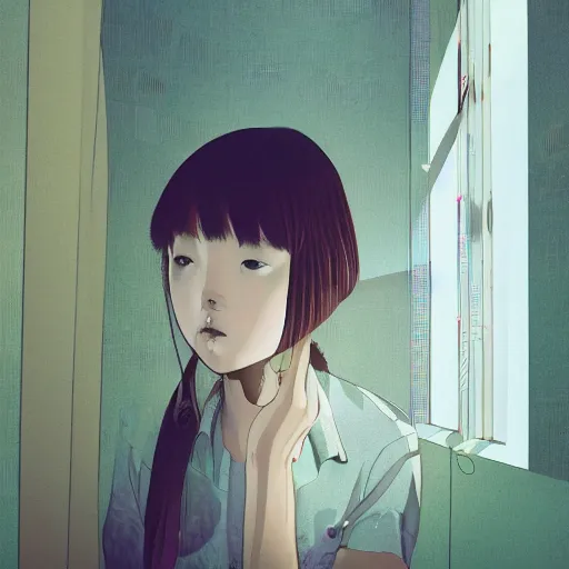 Prompt: a girl looking out of a window by inio asano, beeple and james jean, aya takano color style, 4 k, super detailed, modern, 4 k, symmetrical