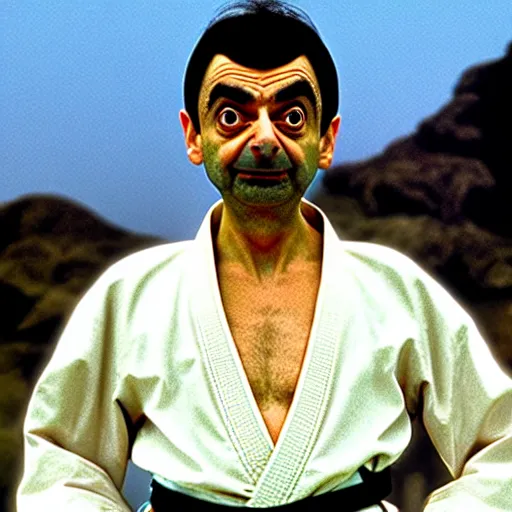 Image similar to mr. bean as the karate kid. movie still. cinematic lighting.