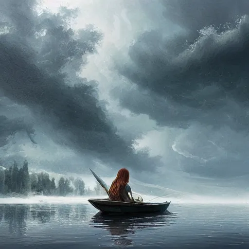 Image similar to an person with a cape on sitting in an boat in the middle of an green lake during storm, Matte painting , detailed painting, greg rutkowski