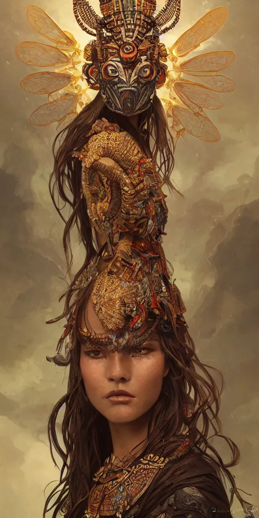 Image similar to a Photorealistic dramatic fantasy render of a beautiful woman wearing a beautiful intricately detailed Aztec Insect shaman mask and costume by WLOP,Artgerm,Greg Rutkowski,Alphonse Mucha, Beautiful dynamic dramatic dark moody lighting,shadows,cinematic atmosphere,Artstation,concept design art,Octane render,8K