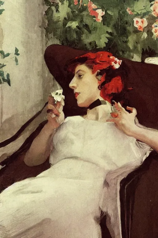 Prompt: european woman in a gown relaxing on couch, bloom flowers, modern, eclectic, illustration, by ramon casas