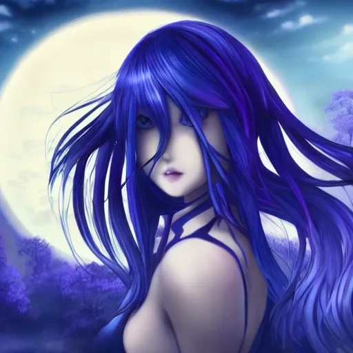 Image similar to a girl with blue hair is standing in front of a full moon, a screenshot by Jin Homura, featured on pixiv, gothic art, gothic, anime, official art