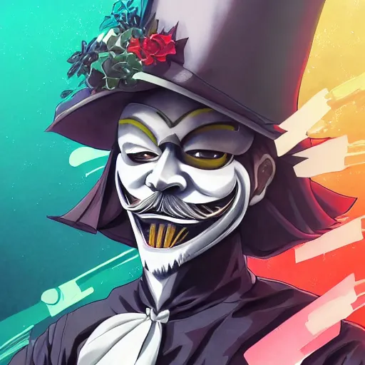 Prompt: portrait of plagiat wearing guy fawkes mask, anime fantasy illustration by tomoyuki yamasaki, kyoto studio, madhouse, ufotable, trending on artstation