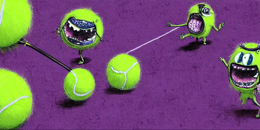 Image similar to tennis ball monsters playing on a tennis court, purple, digital art, fantasy, magic, chalk, chalked, trending on artstation, ultra detailed, detailed, fine details, professional illustration by basil gogos