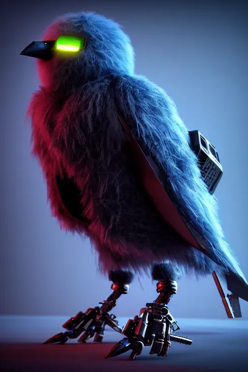 Prompt: high quality 3 d render very cute fluffy cyborg crow! sings into microphone, cyberpunk highly detailed, unreal engine cinematic smooth, in the style of blade runner & detective pikachu, hannah yata charlie immer, moody light, low angle, uhd 8 k, sharp focus