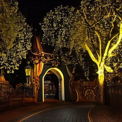 Image similar to Efteling entrance by night, dark, mysterious street photography