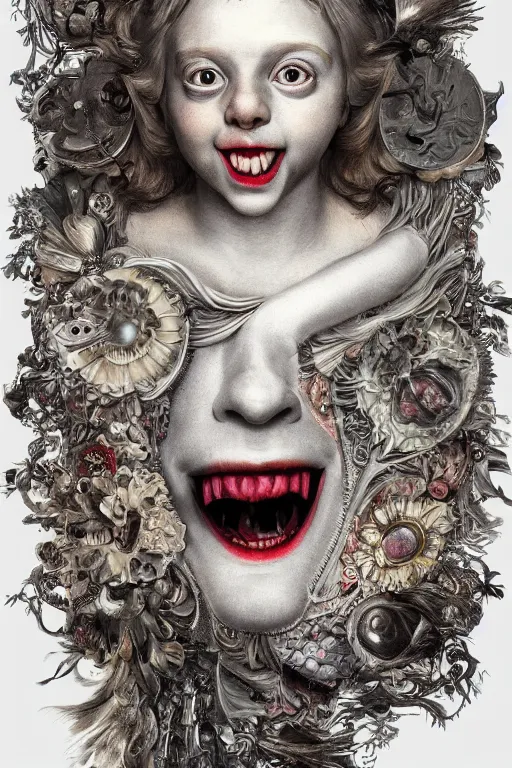 Image similar to Detailed maximalist portrait with large lips and with large eyes, huge smile, teeth, exasperated expression, HD mixed media, 3D collage, highly detailed and intricate illustration in the style of Caravaggio, dark art, baroque