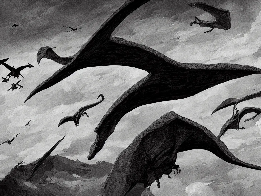 Prompt: prehistoric landscape with pterodactyl flying far away in the air, drawn by christan delort and jean gireaud, graphic black and white, low camera, wide angle, centered composition, golden ratio