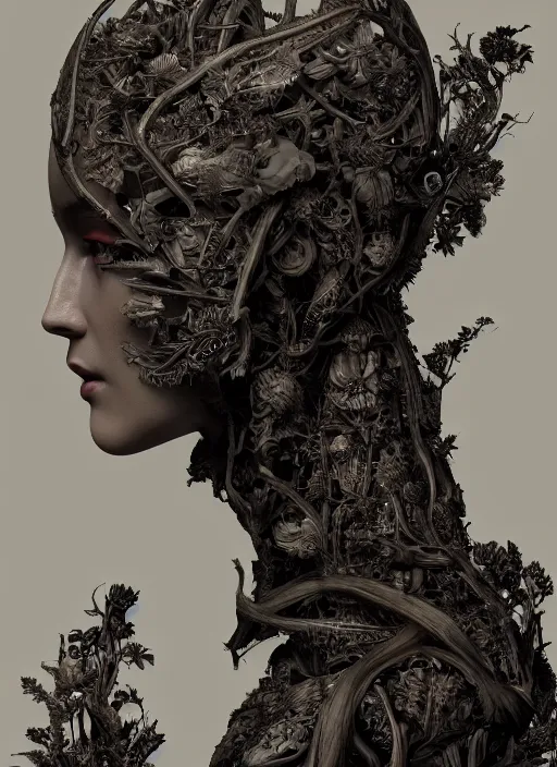 Image similar to a female android's face in profile, made of leaf skeletons, in the style of the Dutch masters and Gregory Crewdson, dark and moody intricate traditional Chinese textures, rococo decorations, hyper detail, Unreal engine,Octane render, by Karol Bak