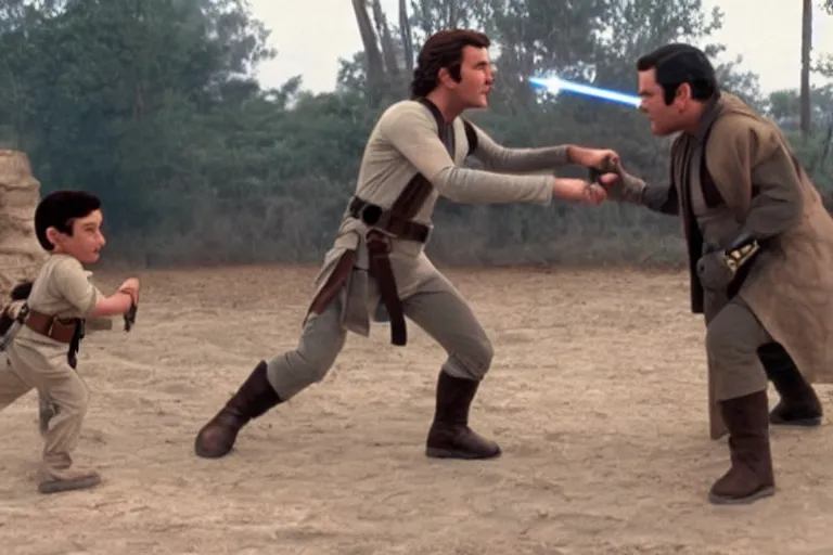 Prompt: a film still from the movie Star Wars of a real life Super Mario fighting