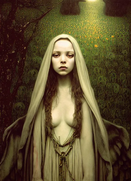 Image similar to masterpiece portrait enchanting gothic witch girl, by h. r. giger, edmund leighton, rural decay background by zdizslaw beksinski, james jean, 8 k, elegant ceremonial robe details by gustave klimt, occult, volumetric lighting, porcelain skin, cinematic, high detail, hyper photorealism, low angle, trending on pixiv