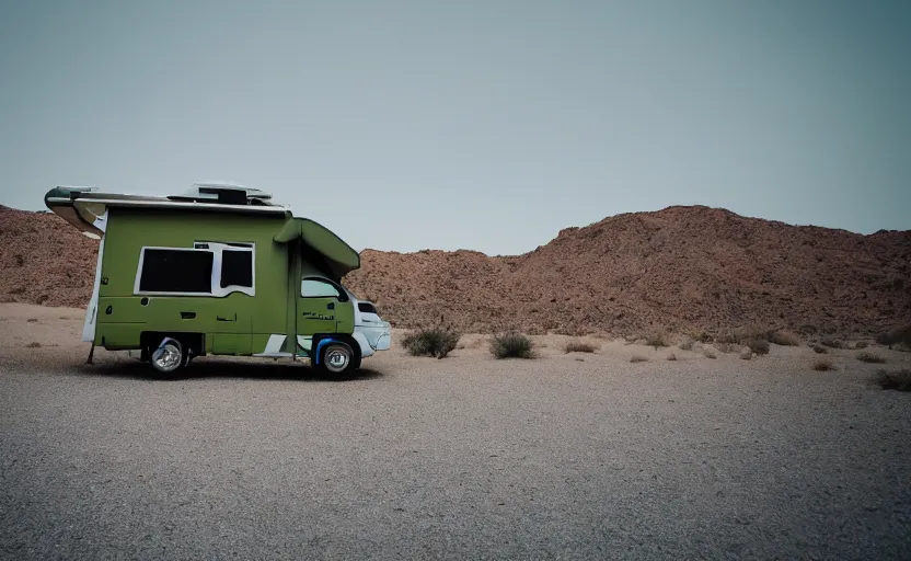 Prompt: a motorhome in the desert, green smoke coming from the top, wide angle shot